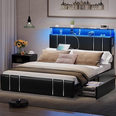 Bed Frame Queen Size with Bookcase Headboard and 4 Drawers, Leather Upholstered