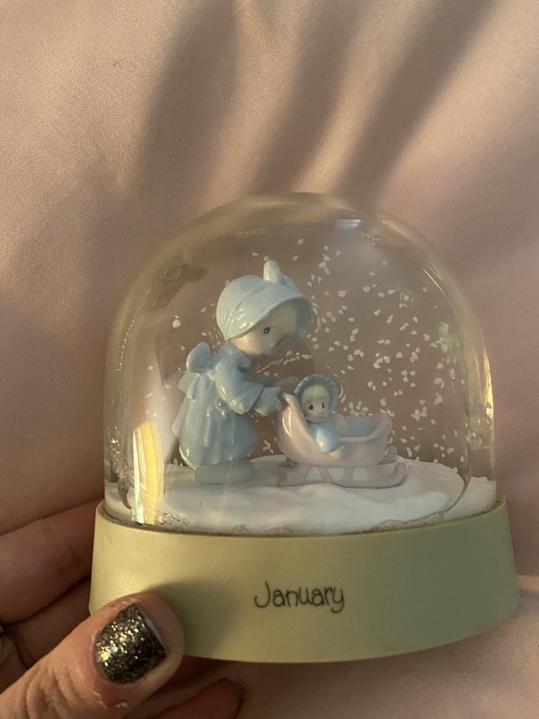 Precious Moments January Baby With Stroller Baby Blue Plastic Snowglobe  