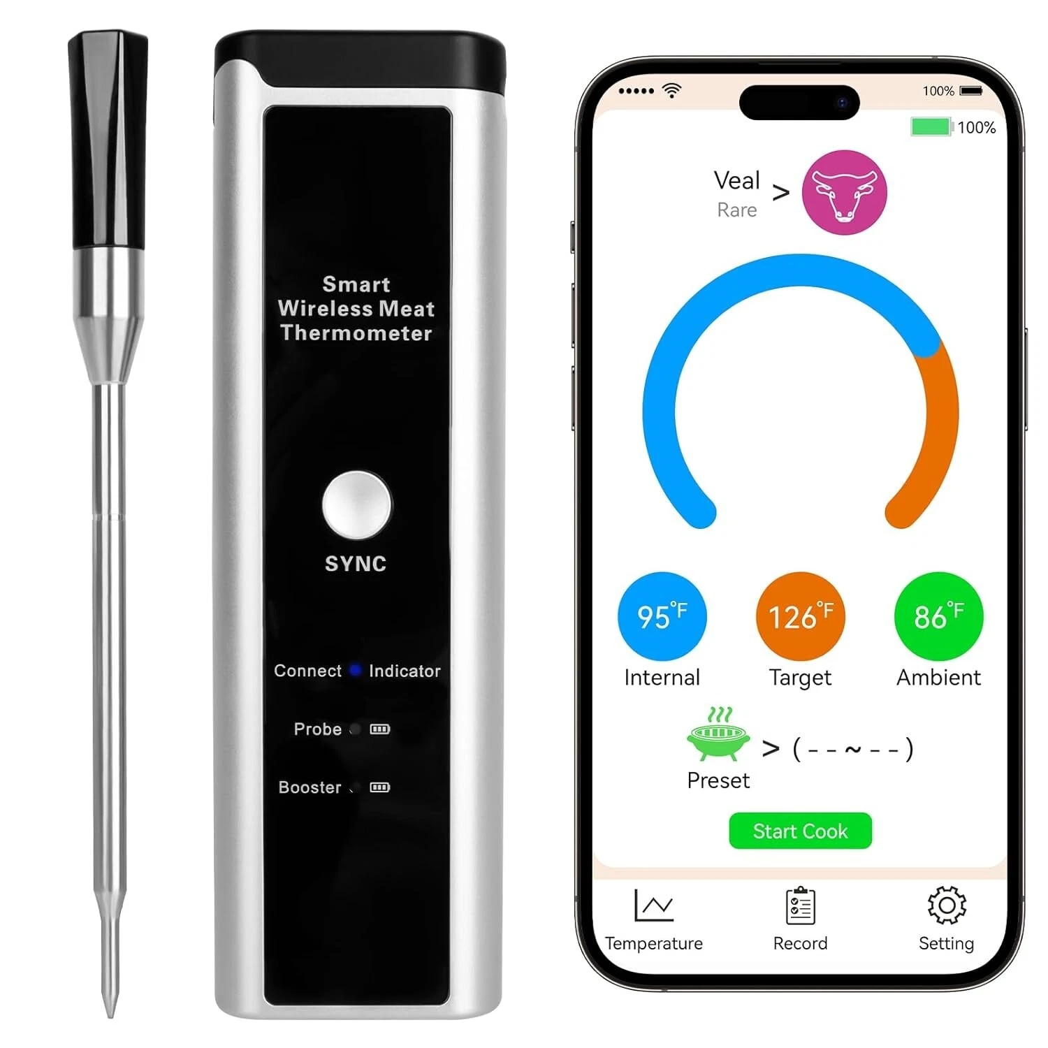 Wireless Meat Thermometer -500-FT Bluetooth Wireless Range-Rechargeable Digital