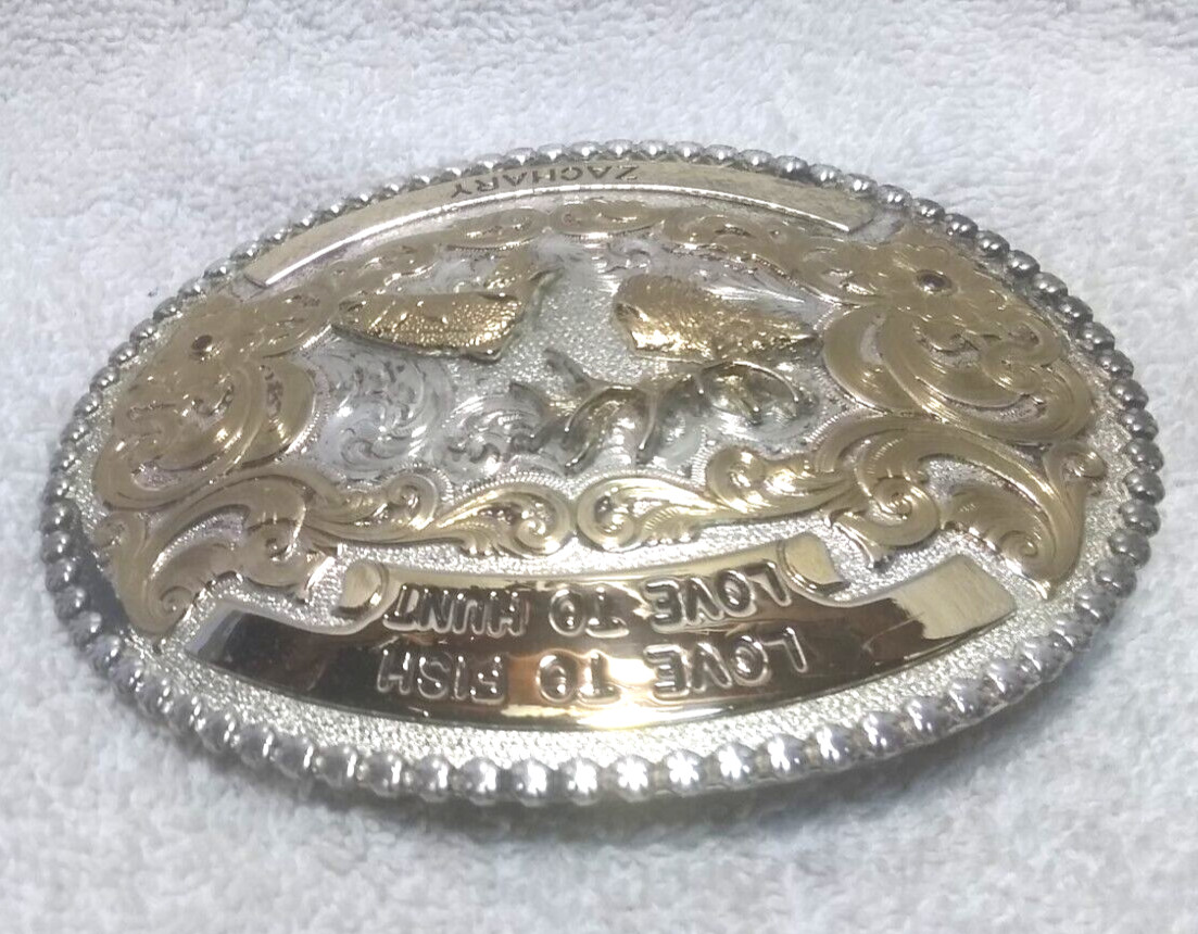 Montana Silversmiths Love to Fish, Hunt Bass Elk Gold Engraved Buckle W/Box EC