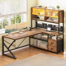 L Shaped Computer Desk with 2 Drawers, LED Lights &Bookshelf, Corner Office Desk