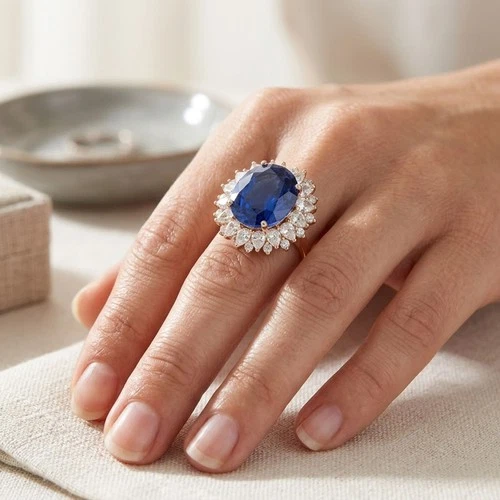 925 Sterling Silver Rose Gold Rings Graceful Royal Blue Sapphire Oval 10.10Ct