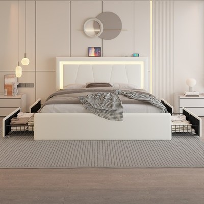 Queen/Full Bed Frame with  Upholstered LED Headboard＆4 Storage Drawer, Charging