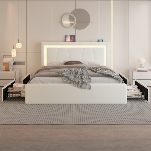 Queen/Full Bed Frame with  Upholstered LED Headboard＆4 Storage Drawer, Charging