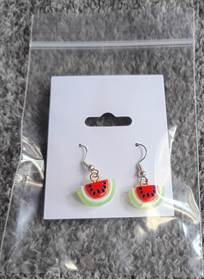Watermelon Slice Shaped Dangle Earrings Red Green Plastic Fruits Theme Hook