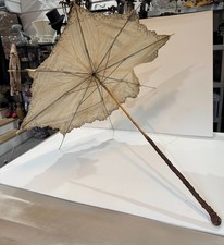 Antique Ivory/Beige Parasol 40  Canopy Embroidered Scallop Edge Rustic Rootwood