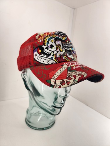 Ed Hardy Designs Red Rhinestone Ball Cap Snapback Mesh Trucker Hat Skull Bling