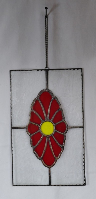 Antique Frosted Stained Glass Pane with Hibiscus Floral Design Window Decor