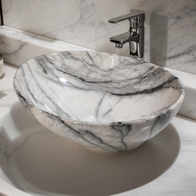 White Marbling Oval Vessel Sink 16x13 Inch Bathroom Ceramic Sinks Above Count...