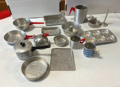Vintage Mid Century Children's Aluminum Bakeware, Pots, Pans Toys