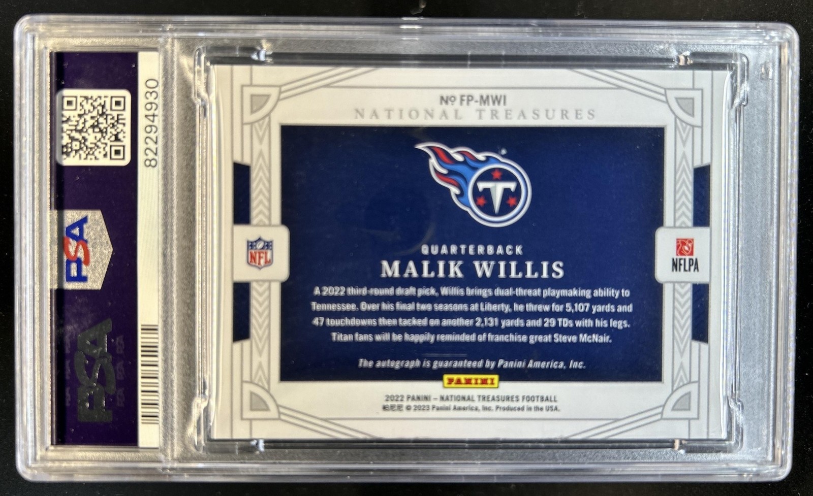 2022 National Treasures Malik Willis RC Field Pass Gold Auto #/25 PSA Grade 10 view 2