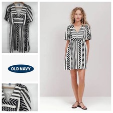 Old Navy Black White Geometric Print Flutter Sleeve V Neck Dress Size S