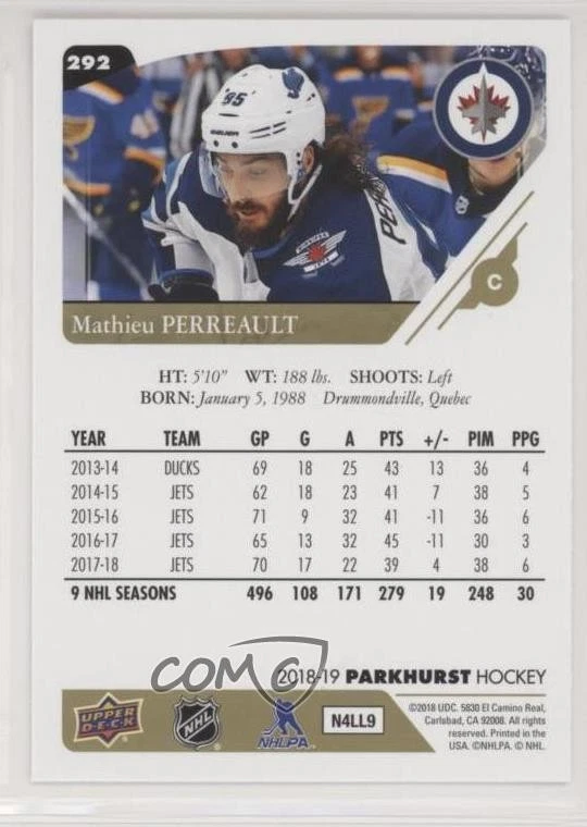 2018-19 Upper Deck Parkhurst Gold Mathieu Perreault #292 - Image 2 of 2