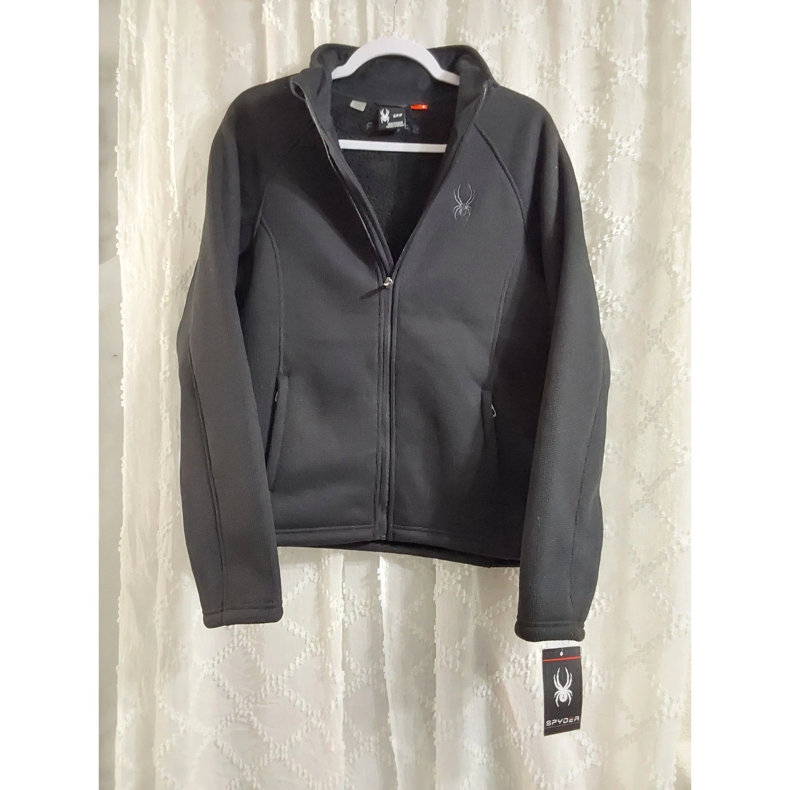 Spyder Mens Full Zip Sherpa Lined Fleece Jacket Black Textured Knit Small NWT