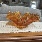 Vtg Imperial Iridescent Marigold Ruffled Carnival Glass Bowl Twins Pattern 10"
