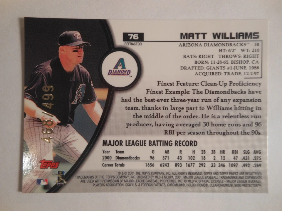 2001 Finest Refractors #76 Matt Williams Arizona Diamondbacks #468/499 - Image 4 of 4