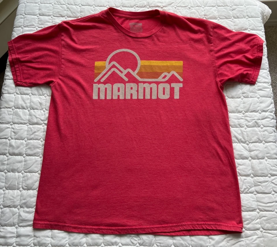 Marmot Coastal Graphic T-Shirt Red Sunset Mountains Logo Outdoor Tee Men’s XL - Image 2 of 4