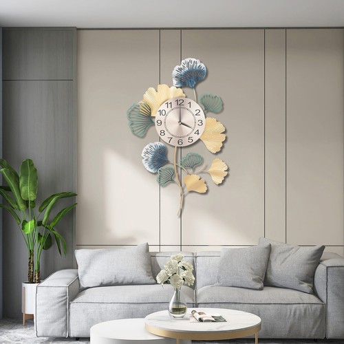 30inch Large Wall Clock Ginkgo Leaf Metal Art Wall Clock Living Room Home Decor - Afbeelding 1 van 10