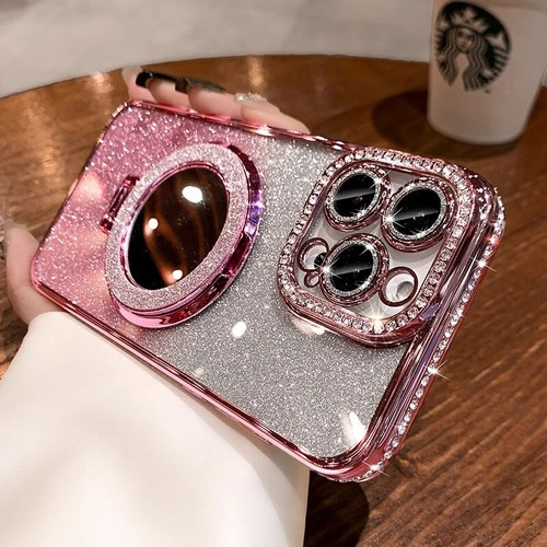 For iPhone 16 Pro Max 15 14 13 12 11 Girl's Diamond Bling Mag Safe Mirror Case - Picture 16 of 17