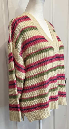 LOFT Damen Struktur Streifen Pullover M Boho V-Ausschnitt Cottagecore Grandmacore Preppy - Bild 2 von 21
