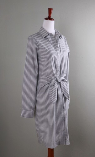 CALVIN KLEIN NEW $119 White Gray Striped Tie Front Bow Cotton Shirt Dress Size 2 - Picture 2 of 6