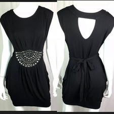 $168 Anthropologie Eva Franco Small Black Pleated Studded Drape Ponte Knit Dress