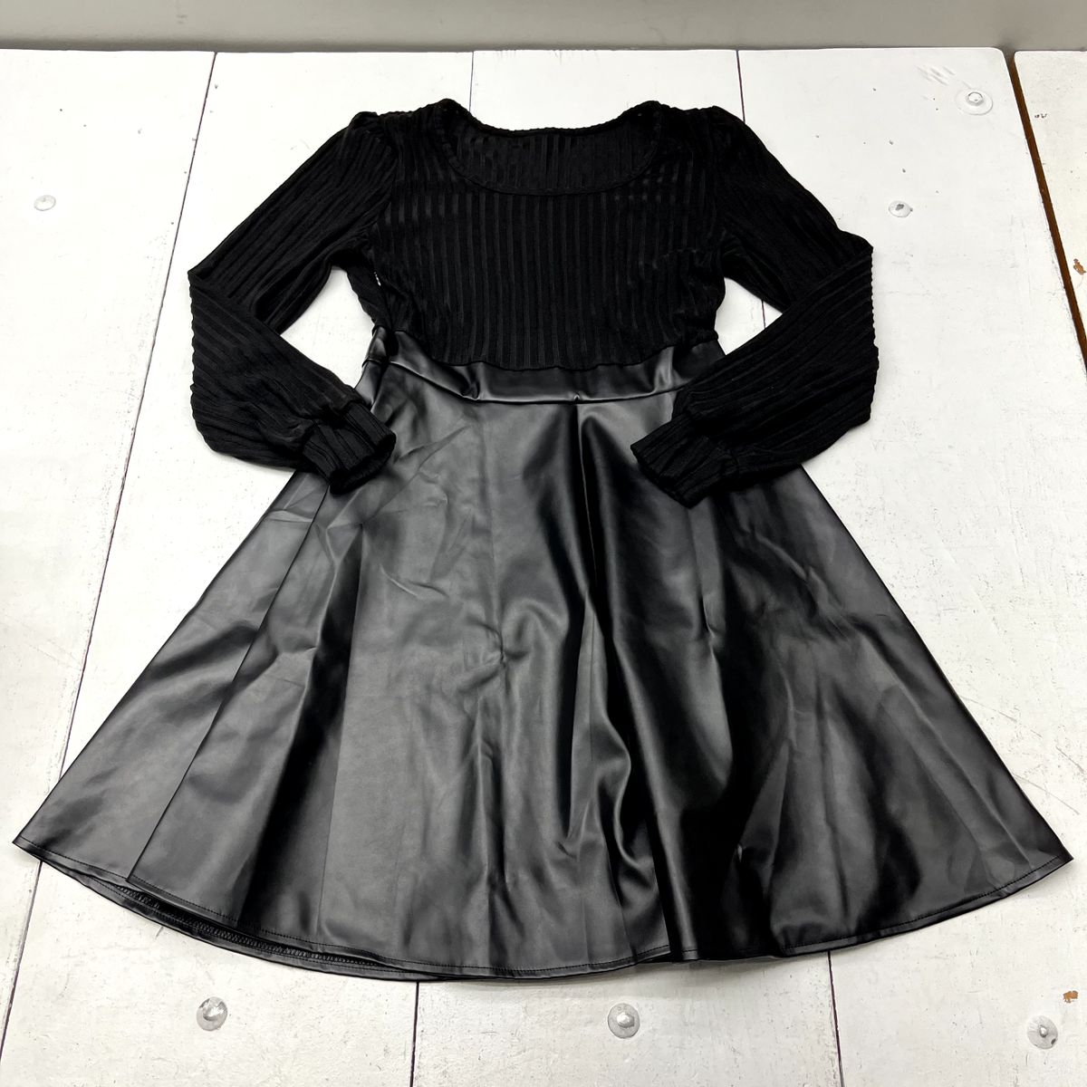 Black Long Sleeve Faux Leather Ribbed A-Line Dress Women's Size Medium NEW  | eBay