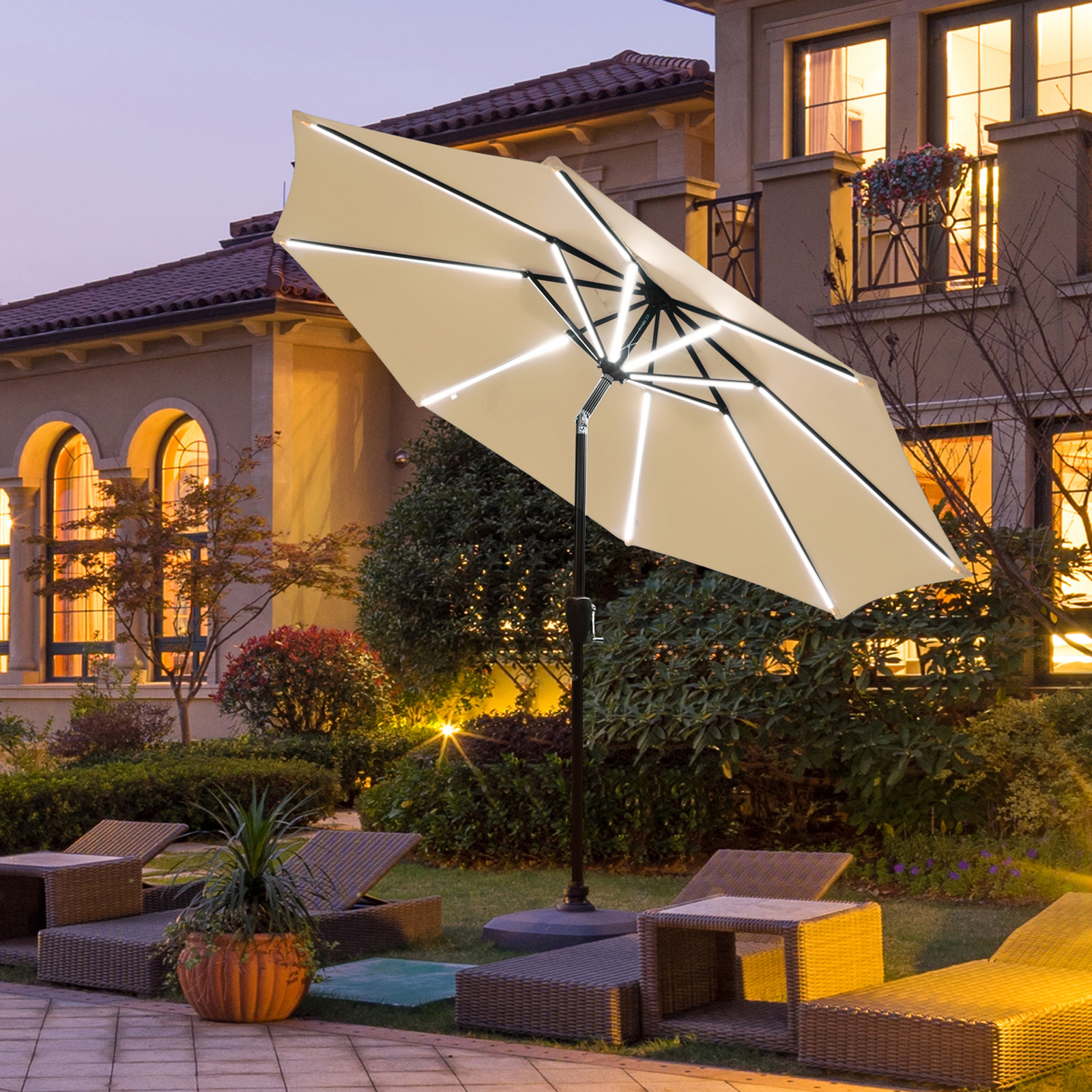 9 ft Patio Table Market Umbrella Garden Outdoor w/ 16 Solar LED Lights  Beige | eBay