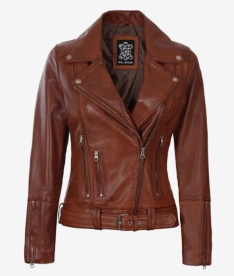 Women's New Stylish Belted Moto Biker Racer Real Sheepskin Cognac Leather Jacket