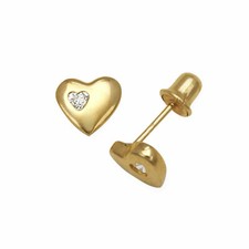 14K Solid Yellow Gold High Polished Baby Girl's Heart Stud Earrings Screw Back