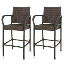 Set of 2 Upgraded Wicker Bar Stools Chairs Backyard Rattan Chair w/Armrest Brwon