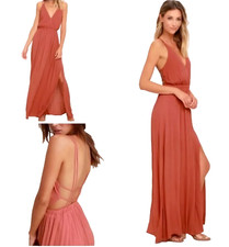 Lulus Lost in Paradise Rusty Rose Cut-out Back V-Neck Maxi ​Dress Open Back S