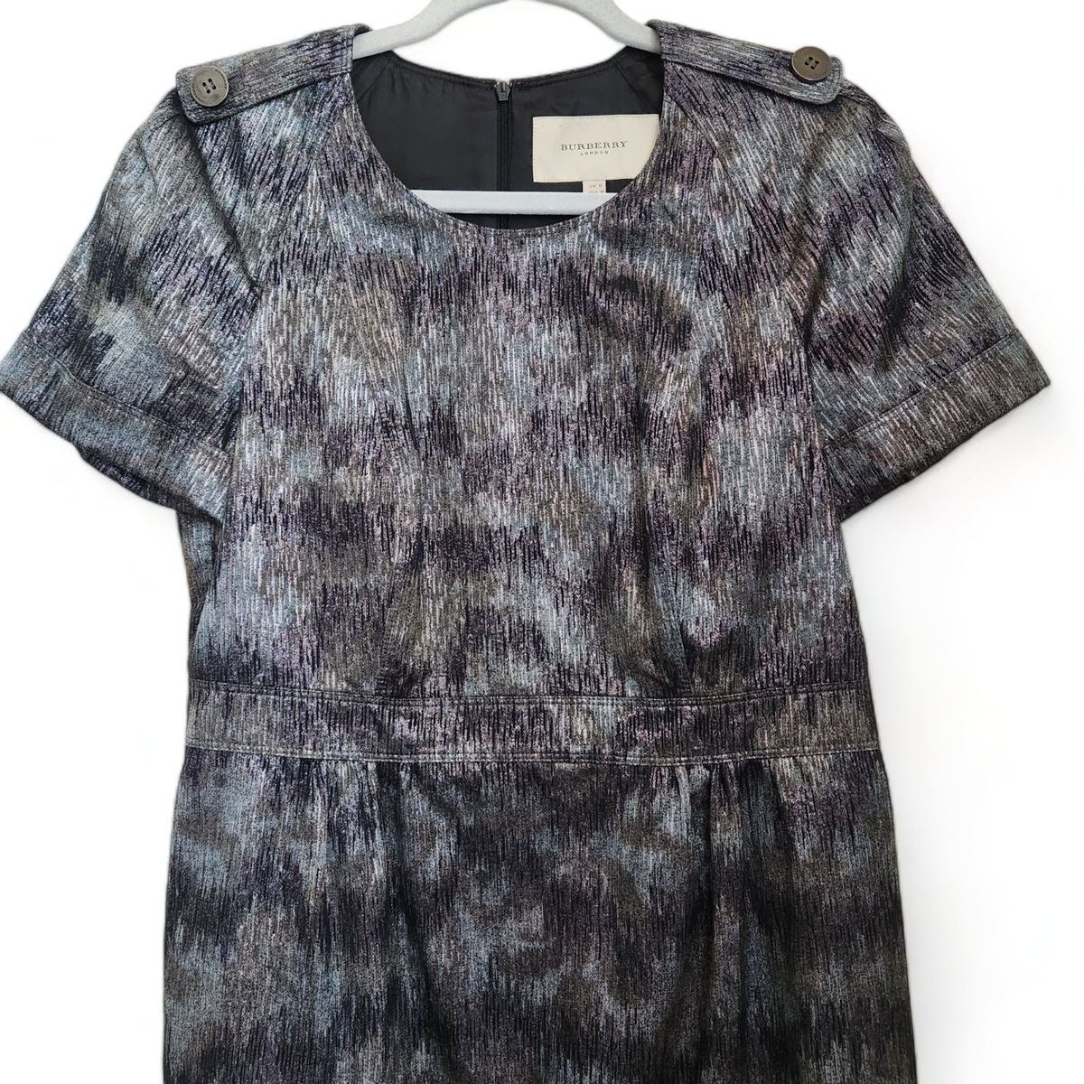Burberry London Metallic Mottled Short Sleeve Sheath Dress Burberry London Metallic Mottled Short Sleeve Sheath Dress