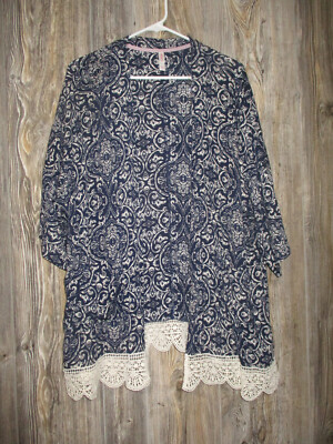 Xhilaration Kimono Cover Up M/L Print Lace Trim Open Front Boho Blue Ivory