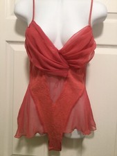 NWT Vintage Victoria  s Secret Gold Tag Lace Chiffon Peach Mist Teddy    Lingerie