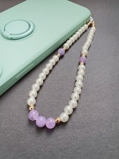 Purple Amethyst Crystal Faux Pearl Beaded Phone Wrist Strap, 6mm Bead, Gift Idea