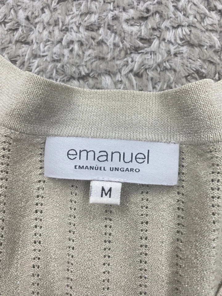 Emanuel Ungaro Sweater Women Medium Beige Silk Metallic Ribbed Cardigan Peasant - Image 3 of 4