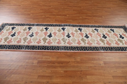 Ivory/ Navy Blue Geometric Art Deco Turkish Runner 3x10 Rug Hand-knotted Carpet - Picture 9 of 12