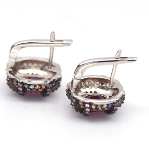 Heated 6 x 8 MM. Pink Ruby & Fancy Color Sapphire Earrings 925 Sterling Silver - Picture 3 of 4
