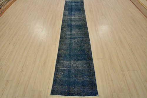 Vintage Overdyed Runner 2’5” x 10’8” Blue Wool Hand-Knotted Oriental Rug - Picture 3 of 11