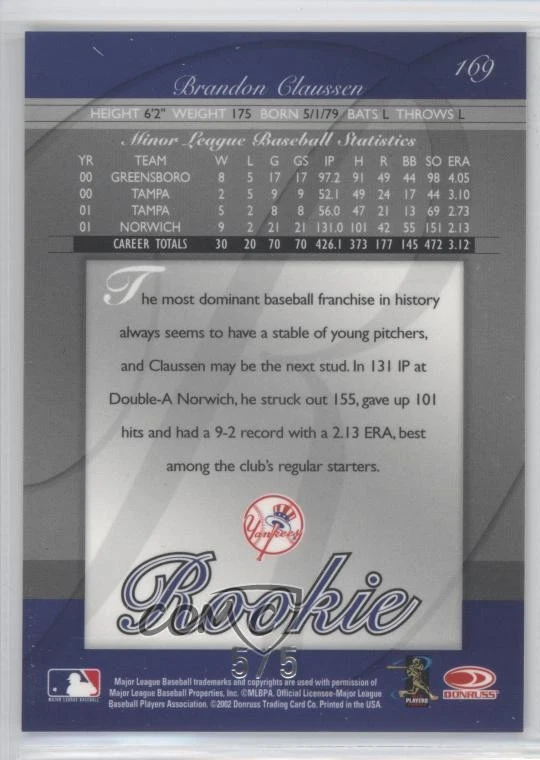 2002 Donruss Elite Rookie Orange County /5 Brandon Claussen #169 - Image 2 of 2