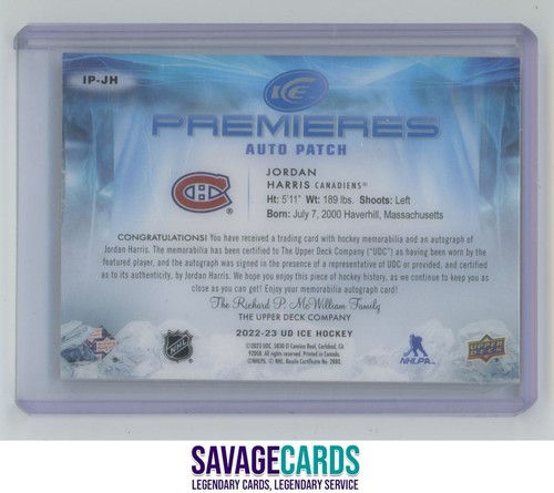2023-24 UD Ice Premiere Rookie Auto Patch Jordan Harris RC /10 #IP-JH Montreal - Picture 2 of 3