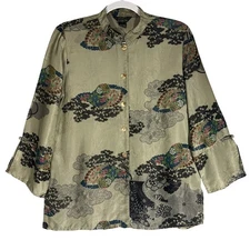 Poeme by Citron Silk Blend Asian Inspired Kimono Top Sz S Mandarin Collar Button