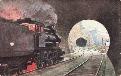 Vintage AK Dampfzug Einfahrt in Tunnel Eisenbahn Künstler F Witt um 1900