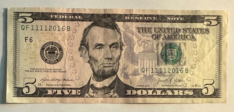 $5.00 Dollar Bill BIRTHDAY / VETERAN'S DAY  Note 11 Nov 2016 Serial# 11112016