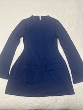 Navy Blue -Split Flounce Sleeve Flap Detail A Line Short Dress, Long Sleeve .