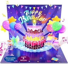 Musical Pop Up Birthday Card with LED Light Candle Blow Out Feature Greeting
