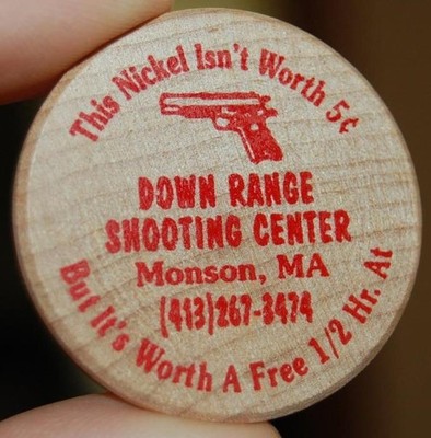 RARE VINTAGE DOWN RANGE SHOOTING CENTER MONSON MA. TRICK TARGET WOOD COIN TOKEN