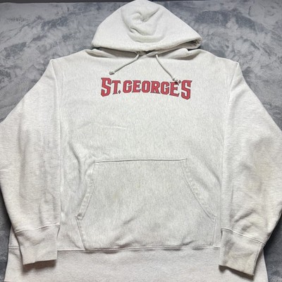 Vintage Champion Hoodie Men XL Gray St George Spellout Graphic Logo Fleece Lined