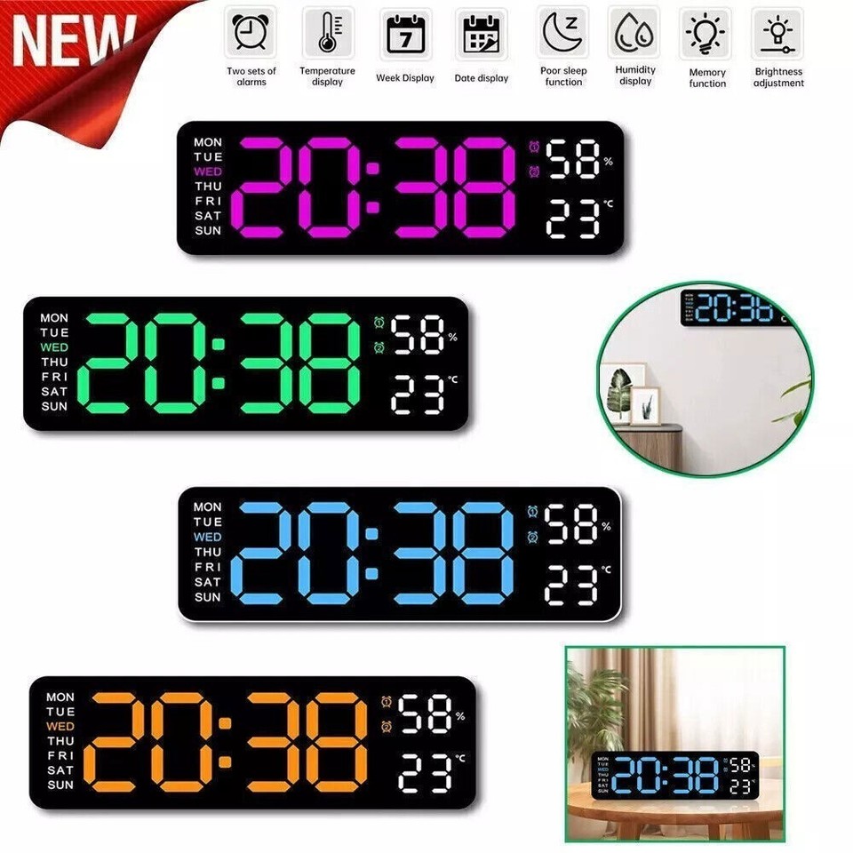 LED Digital Large Display Wall Desk Alarm Clock With Calendar Temperature Date